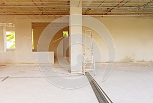 Working of metal frames structure before installing gypsum boards interior Construction site