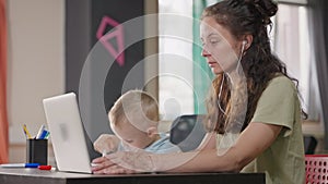 working mom in home, woman is consultant of call center or tech support, works remotely