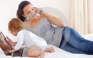 Working, mom and phone call with baby on laptop multitasking in home. Infant, kid and mother busy with computer and