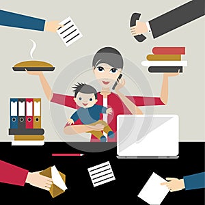 Working mother with child in business offiice. Multitasking person.