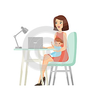 Working mother flat vector illustration. Businesswoman, female office manager with kid. Busy mom, young woman working on