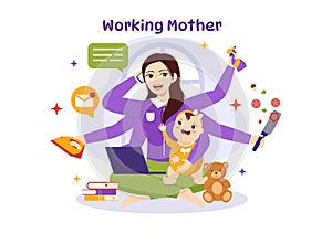 Working Mother Vector Illustration with Mothers who does Work and Takes Care of her Kids at the Home in Multitasking Cartoon