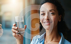 Working on my daily water goal. Portrait of a woman drinking a glass of water at home.