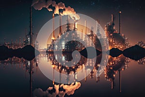 working oil-refining and chemical factory on shore of reservoir in nightlights, refinery complex