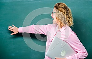 Working Online. modern technology. girl in modern school. happy student in glasses with notebook. teacher woman at