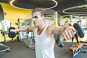 Working out with dumbbell weights at the gym.Fitness men exercising are lifting dumbbells. Fitness muscular body