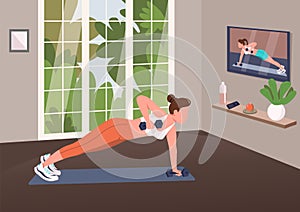 Working out at home flat color vector illustration