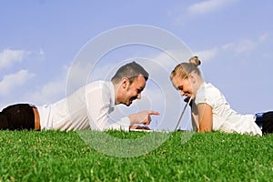 Working outdoors with laptop