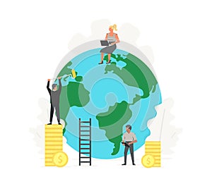 Working people clean up and build the green planet. Ecology and World Health Day illustration. Earth with coins and