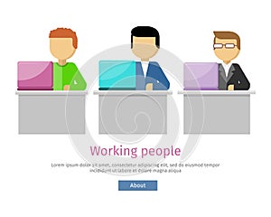 Working People Web Banner. Man Works with Laptop