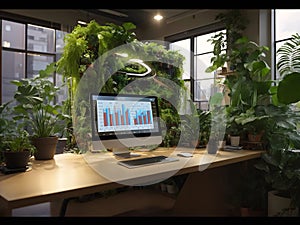 Working place in a modern office with a computer and green plants. Generative ai