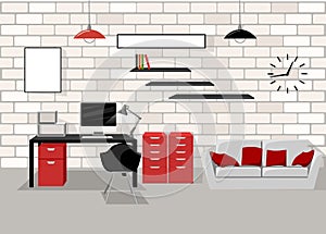 Working Place Modern Office Interior Flat Design Vector Illustration Computer desk workplace concept Workplace concept. Modern hom