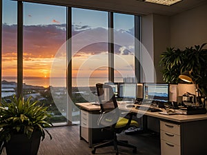 Working place in a modern office with panoramic windows and sunset