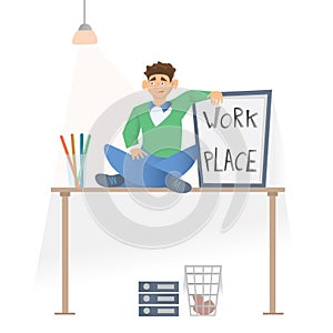 Working place in the office. A young man in casual clothes sittting on the desktop. Vector illustration, isolated on