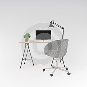 Working place with wooden top table and grey chair in Scandinavian style