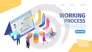 Working proccess in business, teamwork and growing work statistics in creative team landing webpage template, vector photo