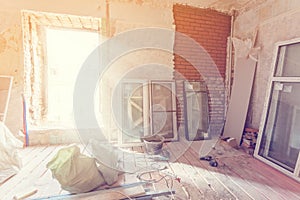 Working process of installing pvc windows in room of apartment is under construction, remodeling, renovation, extension