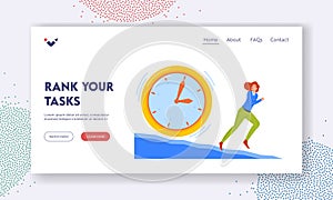 Working Process Organization Landing Page Template. Anxious Business Woman Character Running Away from Huge Clock