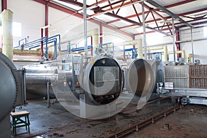 Working process of the production of green peas on cannery. Pasteurization in autoclave photo