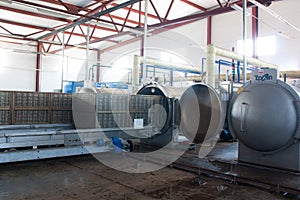 Working process of the production of green peas on cannery. Pasteurization in autoclave photo