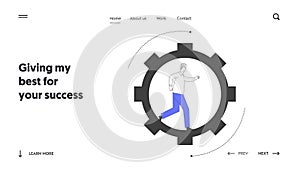 Working Process Website Landing Page. Tiny Male Character Running Inside of Huge Gear Set in Motion Cogwheel Mechanism