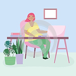 Working remotely, young woman work with laptop in desk room with plants