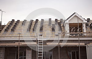 working on the roof sheeting and outriggers or ladder of a new, two story, commercial apartment building