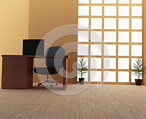 Working room interior with light from window in 3D render image