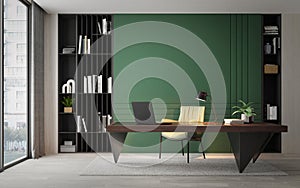 Working room modern style with wooden desk and green wall.3d rendering