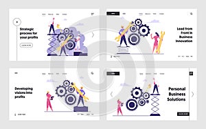 Working Routine Process and Teamwork Cooperation Website Landing Page Set. Business People Moving Gears