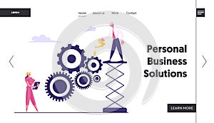 Working Routine Process and Teamwork Website Landing Page. Business People Moving Huge Gears
