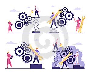 Working Routine and Teamwork Concept. Business Characters in Hardhats Moving Huge Gear Mechanism