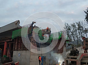 Working scene of construction workers making bridges