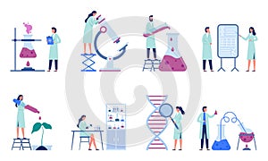 Working scientists. Professional lab research, chemistry laboratory workers and science researchers flat vector