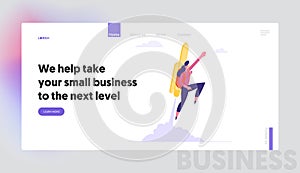 Working Success, Investments Website Landing Page, Woman Fly on Jetpack to Goal Achievement. Girl with Rocket on Back