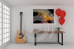 Working table in empty room with acoustic guitar and red balloons in 3D rendering