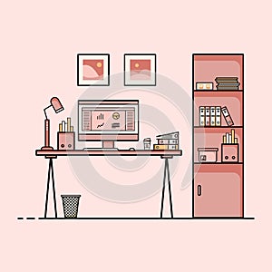 Working table flat design, Concept of working desk and work from home interior with furniture