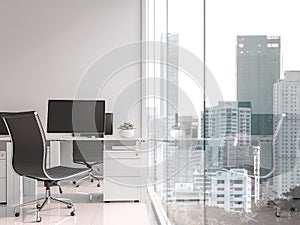 A working table located by the window with city view 3d render photo