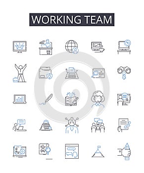 Working team line icons collection. Taskforce, Brigade, Crew, Unit, Posse, Squad, Troupe vector and linear illustration