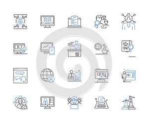 Working team outline icons collection. Collaborative, Unit, Cooperative, Productive, Efficient, Effective, Unified