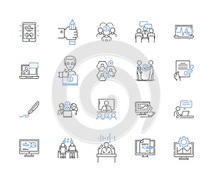 Working team outline icons collection. Collaborative, Unit, Cooperative, Productive, Efficient, Effective, Unified