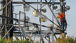 Working Technician up a telecommunications tower photo