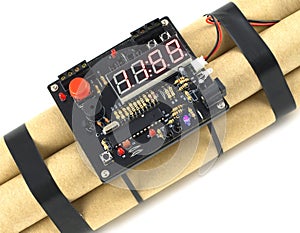 Working time bomb isolated on white closeup