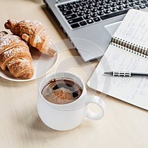 Working time, coffee break with croissant