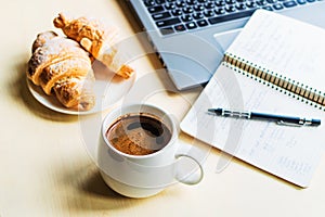 Working time, coffee break with croissant