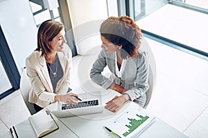 Working together on some grand plans for success. two corporate businesswomen working together on a laptop in an office.