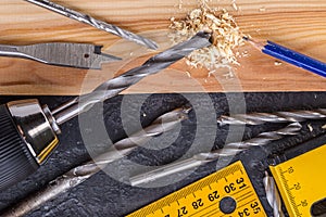 Working Tool on a Wooden Table. Set of tools