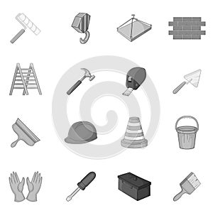 Working tools icons set, black monochrome style