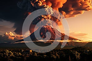 A working volcano with clouds