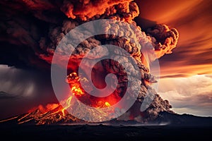 A working volcano with clouds